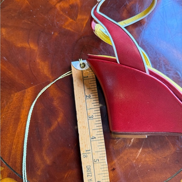 NWOT Delman Red/Yellow Leather Woven Peep toe Sandals 4” heel Size 8 MSRP $295 - Picture 3 of 13